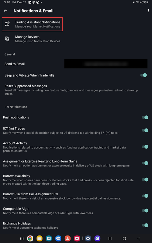 The trading assistant button on the Android Tablet. 